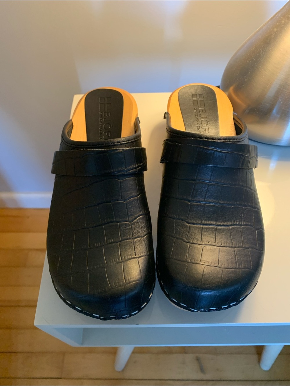 Black Croc-Embossed Leather Slip-On Bjork Swedish Clogs